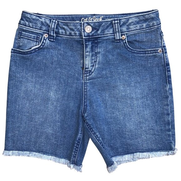 Cat & Jack Girls Ultimate Stretch Blue Denim Shorts Mid-Rise Frayed Hem Large - Picture 4 of 7